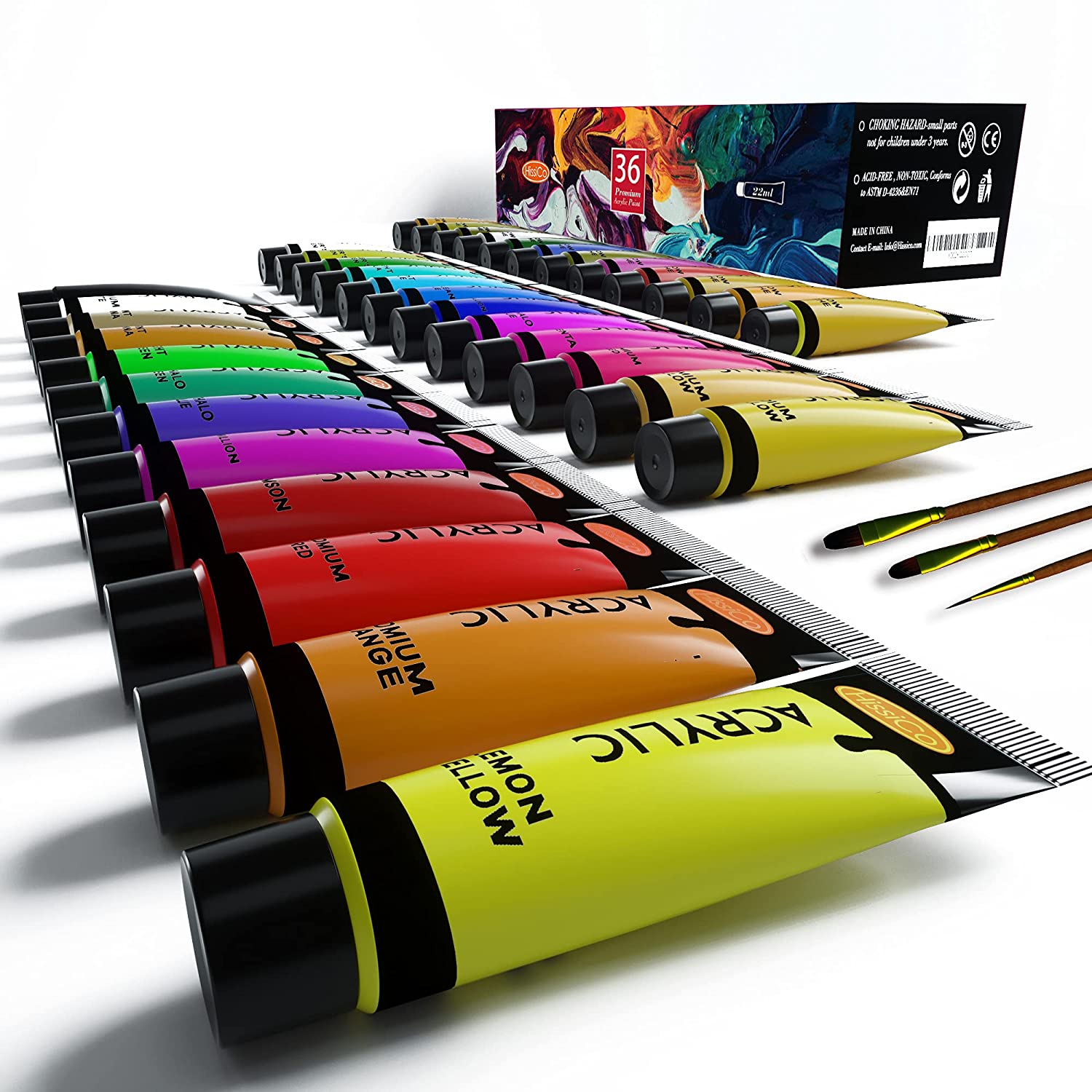 HissiCo Acrylic Paint Set of Expert 36 Colors 22ml Tubes with 3 Paint Brushes Art Kits