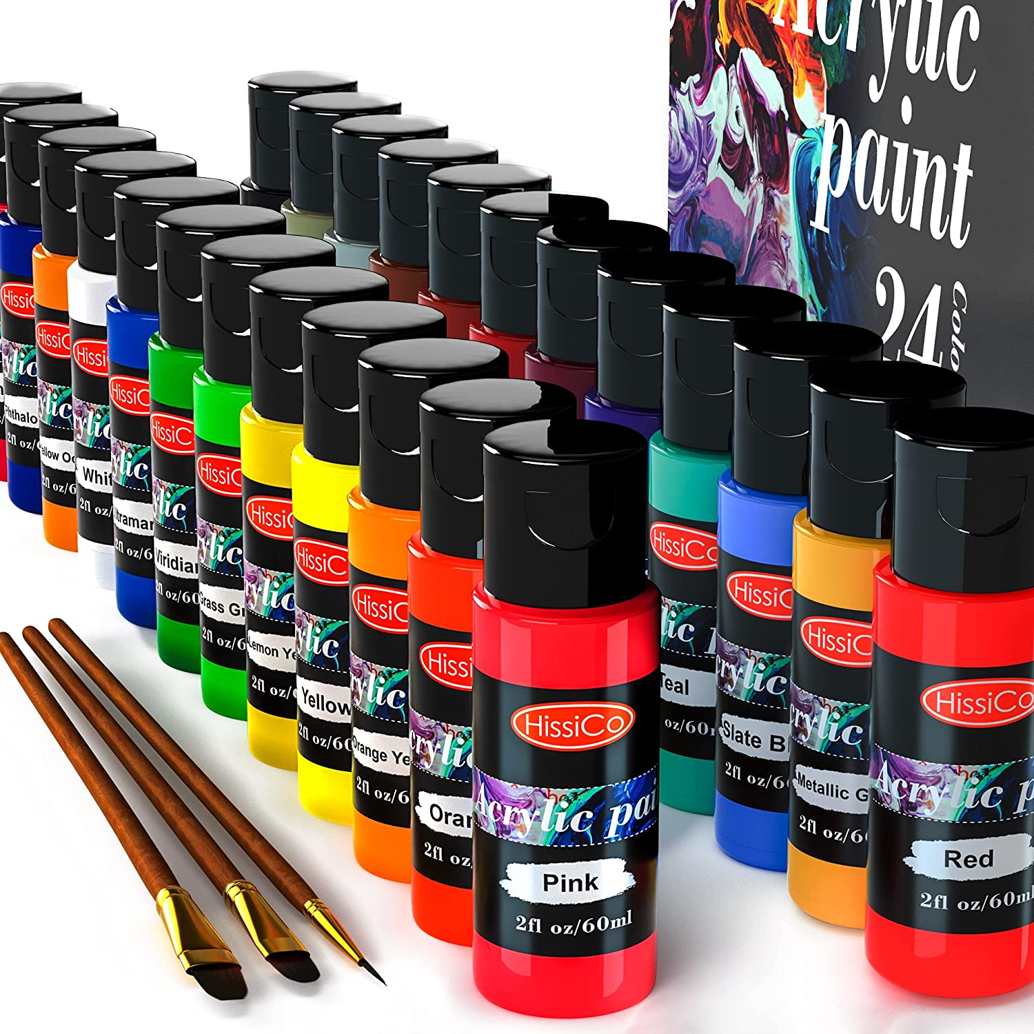 HissiCo pastel acrylic paint set with 12 brushes, 24 pastel colors (59ml,  2oz) art craft paint