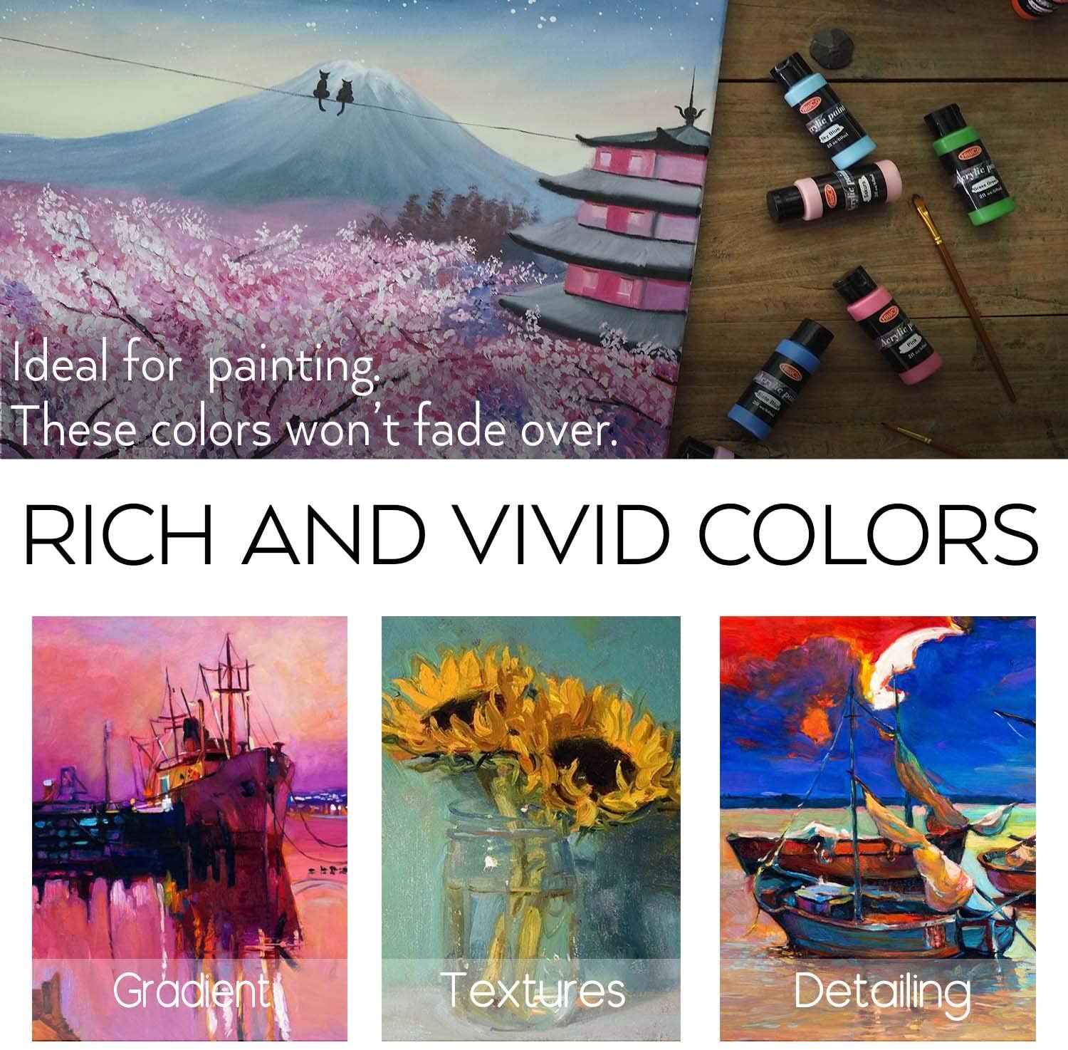 HissiCo Acrylic Paint Set of 24 Colors 2fl oz 60ml Bottles