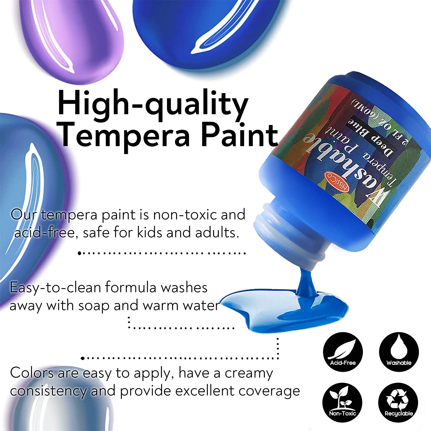 Washable Tempera Paint for Kids,30 Colors (2 oz Each) Liquid Poster Paint