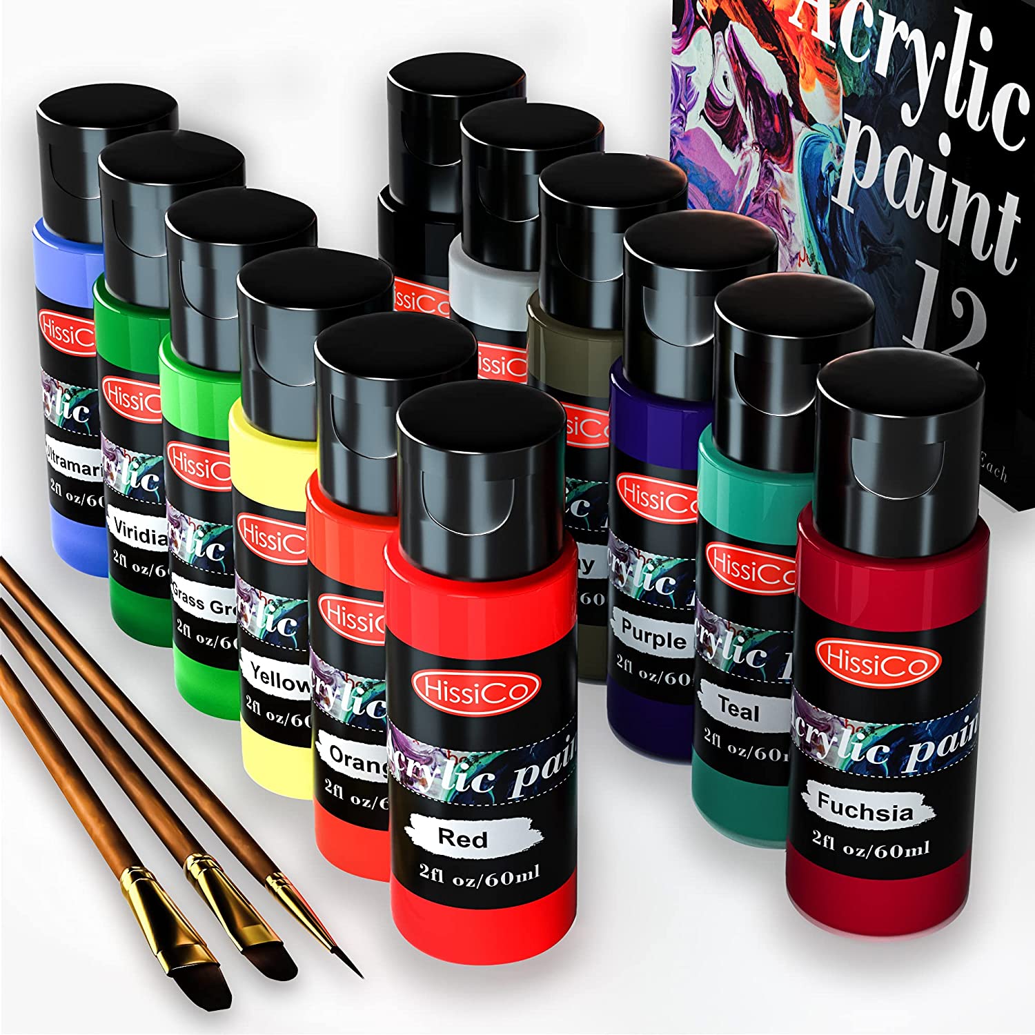 Acrylic Paint Set of 24 Colors 2Fl oz 60ml Bottles with 3 Brushes,Non Toxic 24 Colors Acrylic Paint No Fading Rich Pigment for Kids Adults Artists Can
